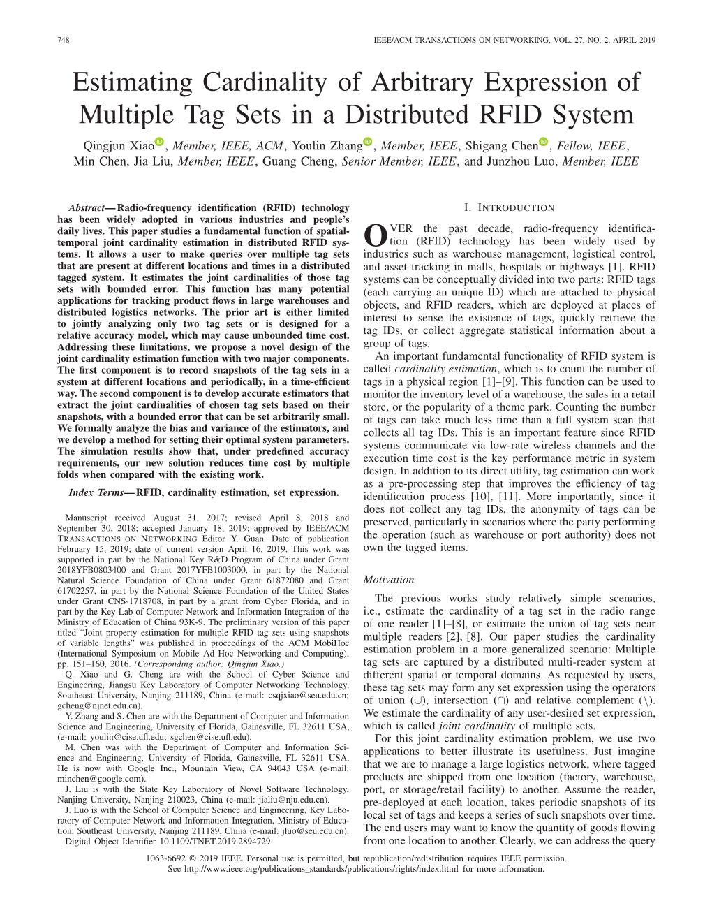 Estimating Cardinality of Arbitrary Expression of Multiple Tag Sets in A