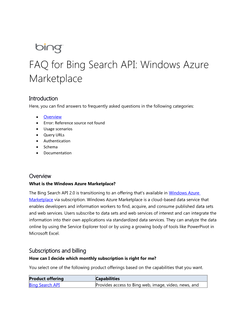 FAQ for Bing Search API: Windows Azure Marketplace