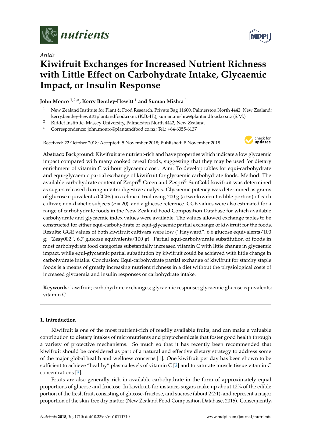 Kiwifruit Exchanges for Increased Nutrient Richness with Little Effect on Carbohydrate Intake, Glycaemic Impact, Or Insulin Response