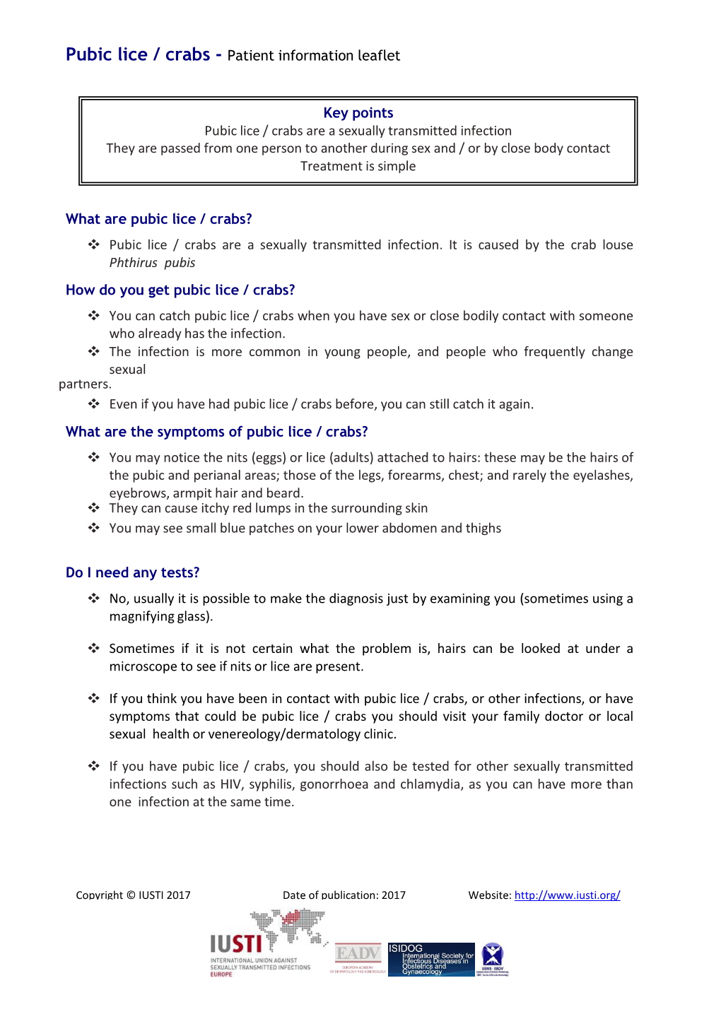 Pubic Lice / Crabs - Patient Information Leaflet