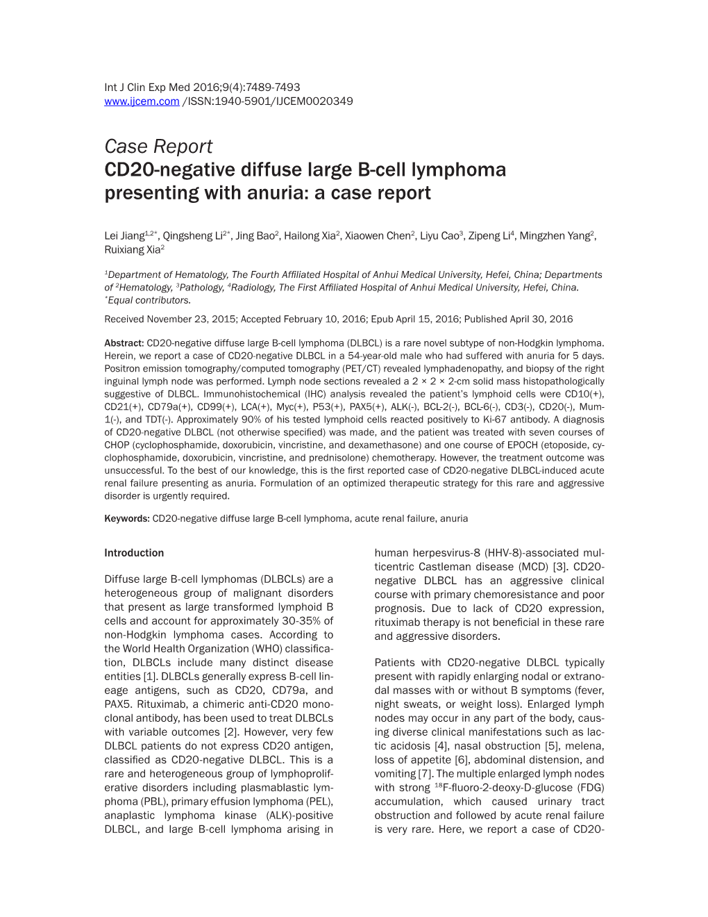 Case Report CD20-Negative Diffuse Large B-Cell Lymphoma Presenting with Anuria: a Case Report