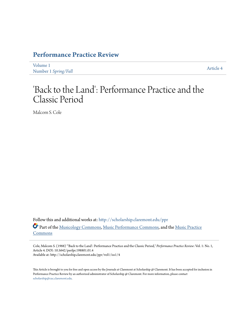 Performance Practice and the Classic Period Malcom S