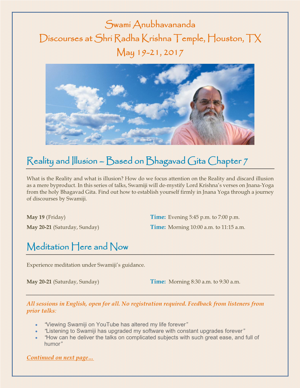 Swami Anubhavananda Discourses at Shri Radha Krishna Temple, Houston, TX May 19-21, 2017