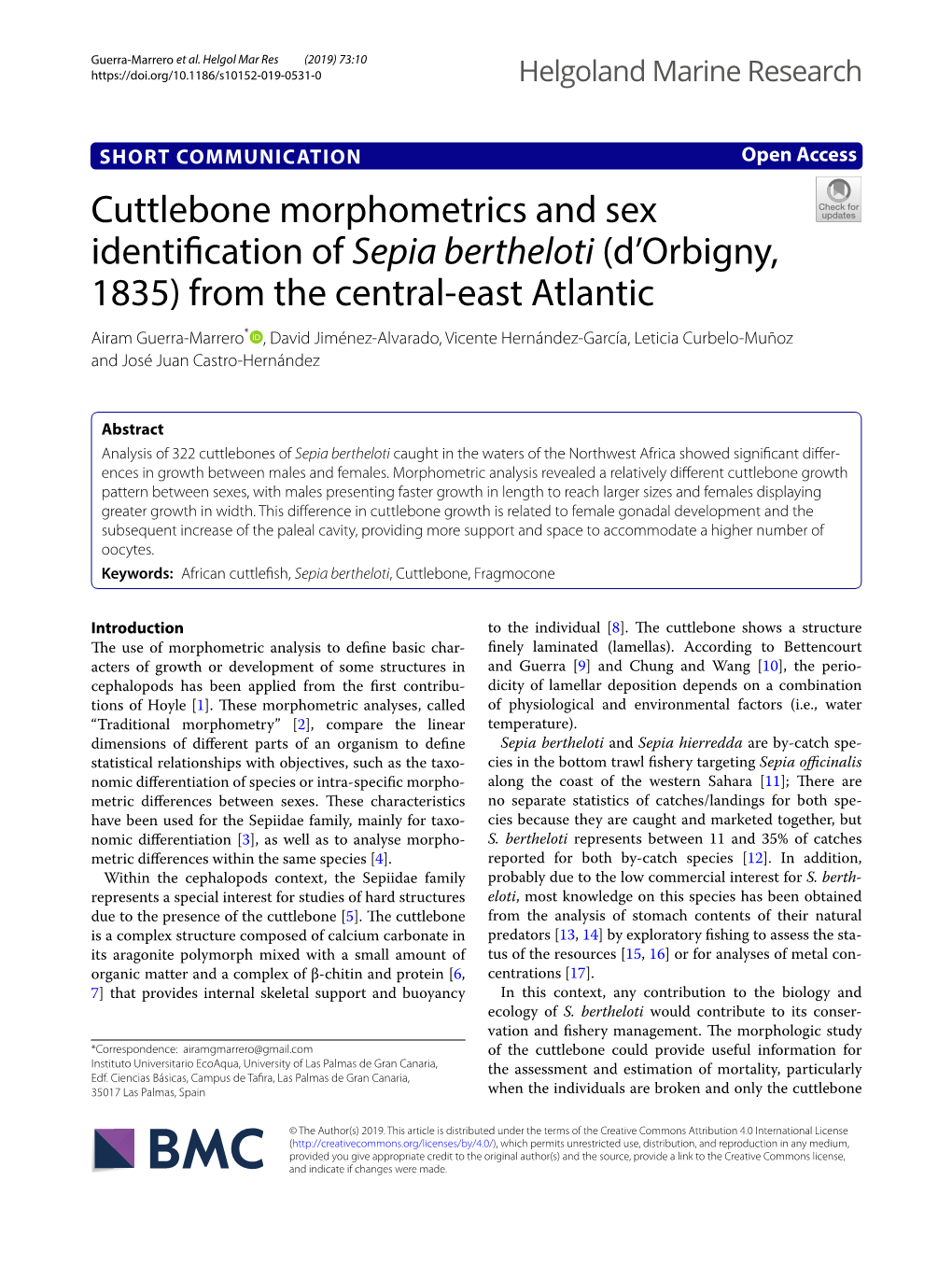 Cuttlebone Morphometrics and Sex Identification of Sepia Bertheloti (D'orbigny, 1835) from the Central-East Atlantic