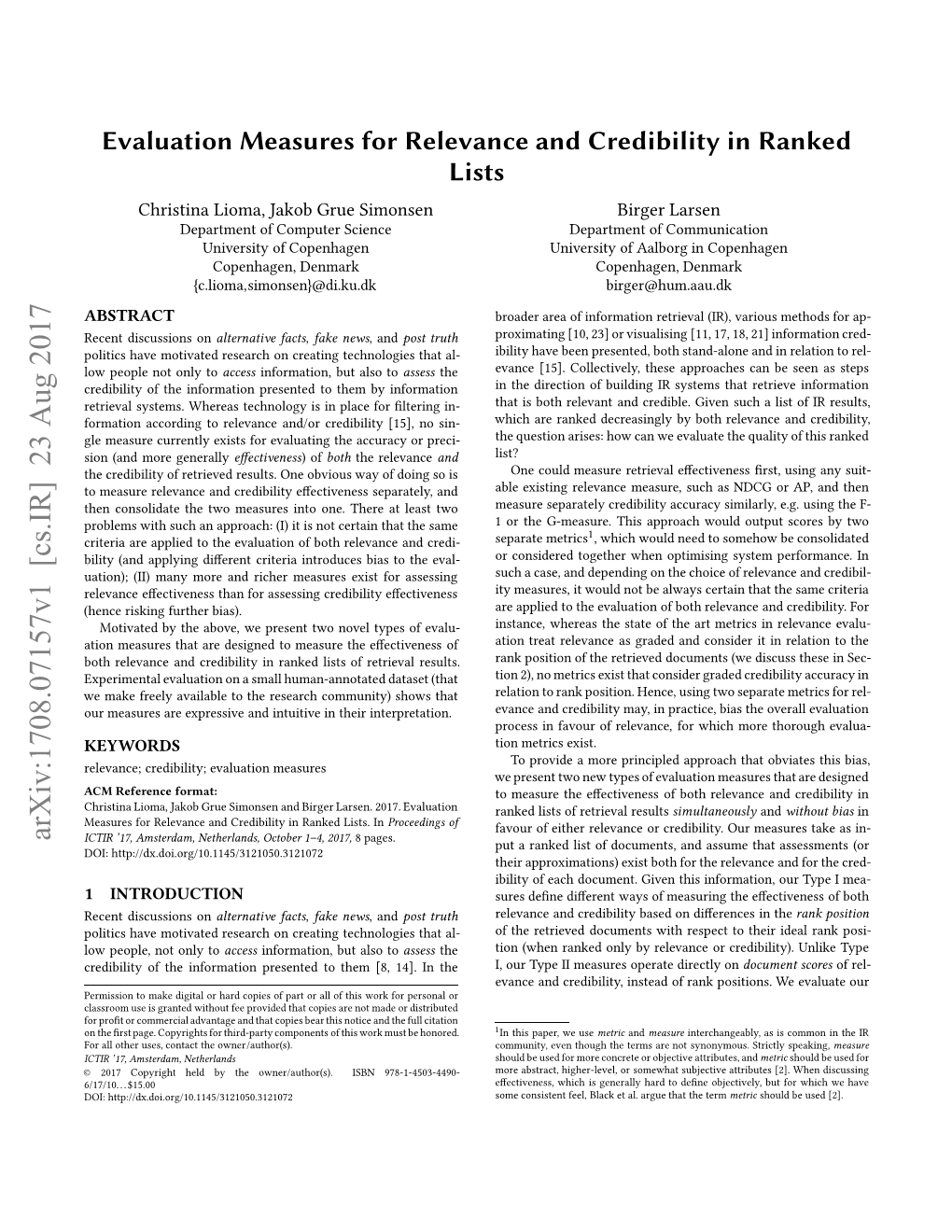 Evaluation Measures for Relevance and Credibility in Ranked Lists