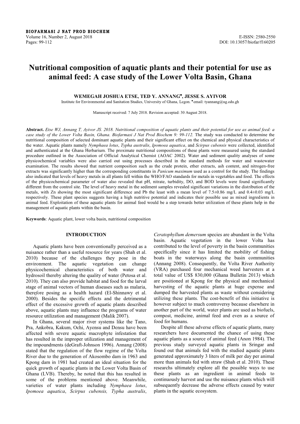 Nutritional Composition of Aquatic Plants and Their Potential for Use As Animal Feed: a Case Study of the Lower Volta Basin, Ghana