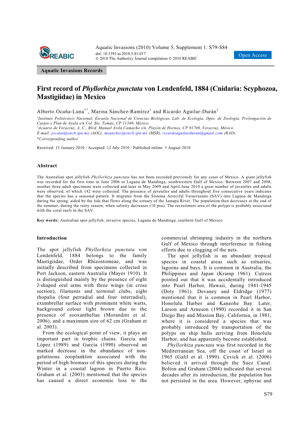 First Record of Phyllorhiza Punctata Von Lendenfeld, 1884 (Cnidaria: Scyphozoa, Mastigiidae) in Mexico