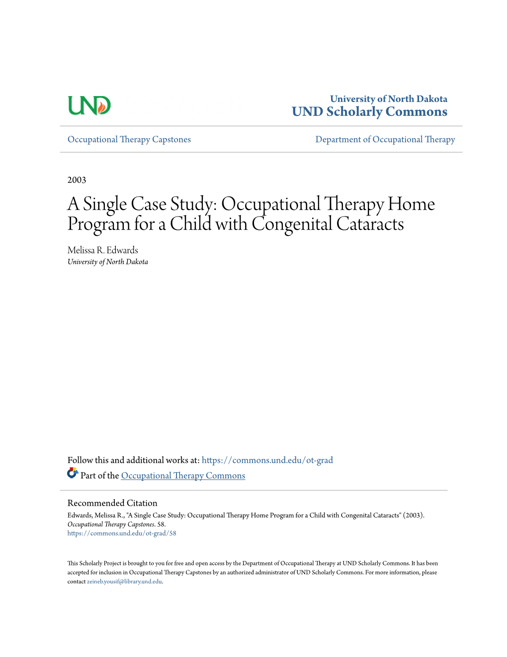 Occupational Therapy Home Program for a Child with Congenital Cataracts Melissa R