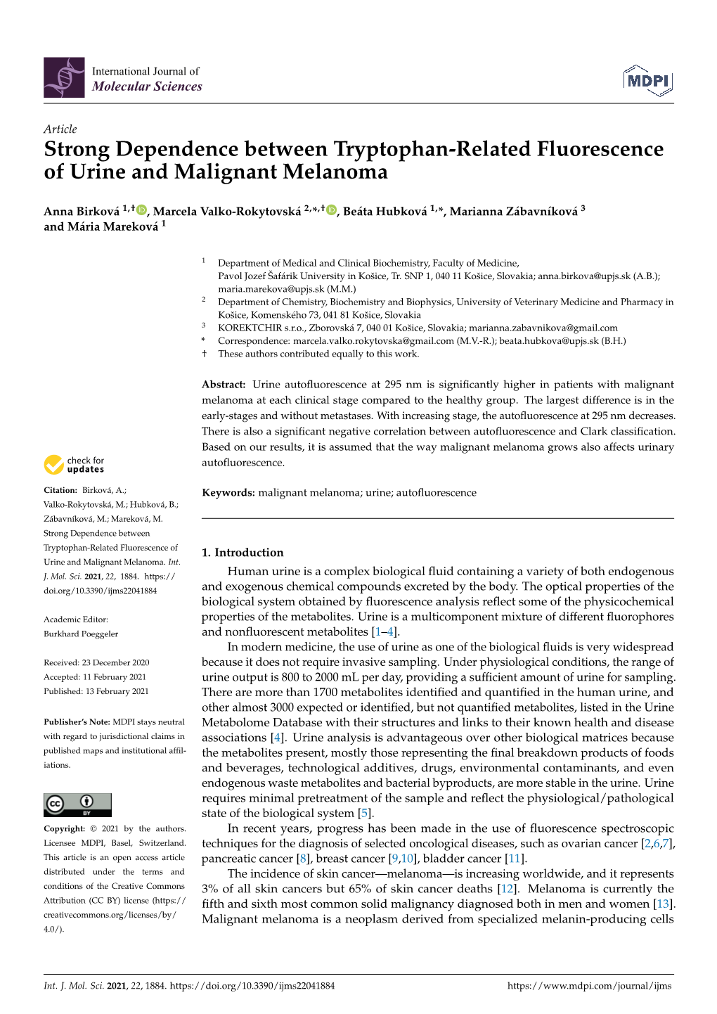 Strong Dependence Between Tryptophan-Related Fluorescence of Urine and Malignant Melanoma