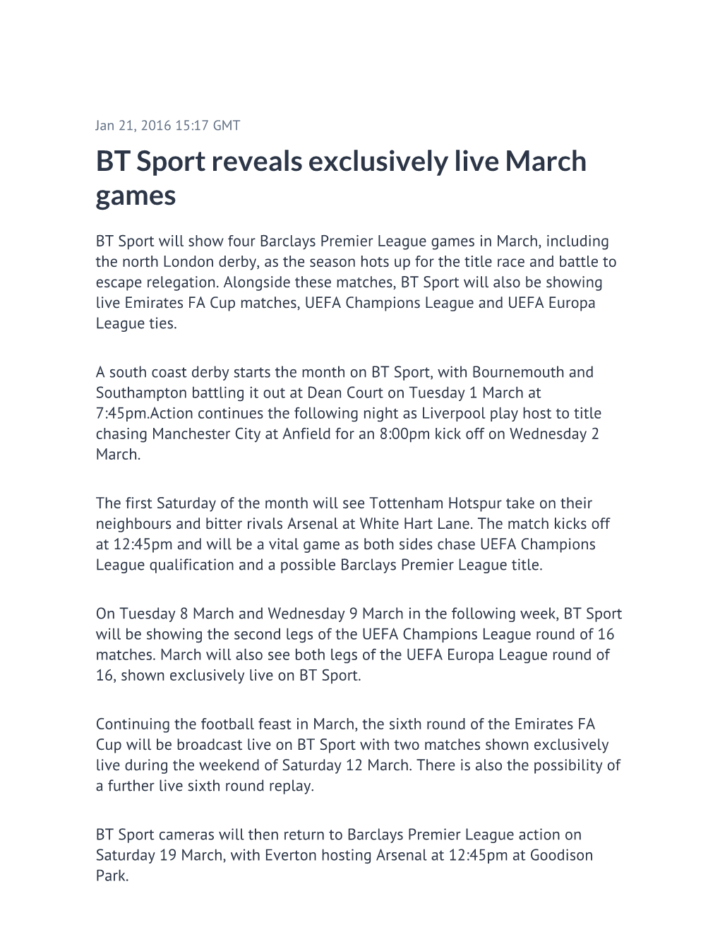 BT Sport Reveals Exclusively Live March Games