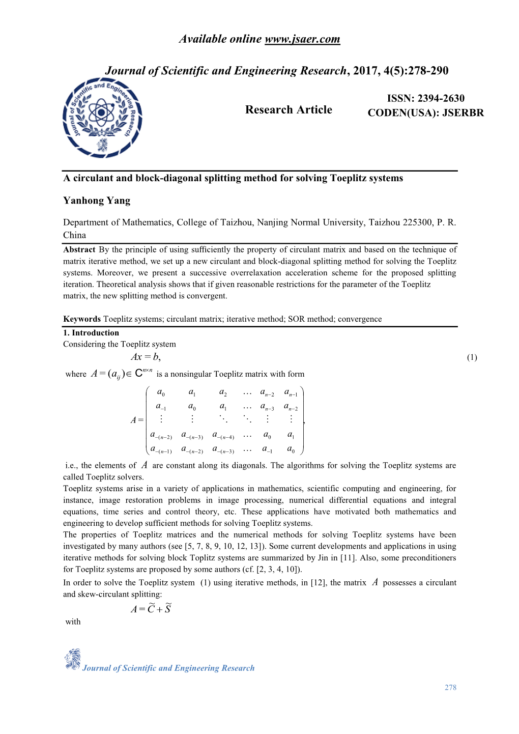 A Circulant and Block-Diagonal Splitting Method for Solving Toeplitz Systems