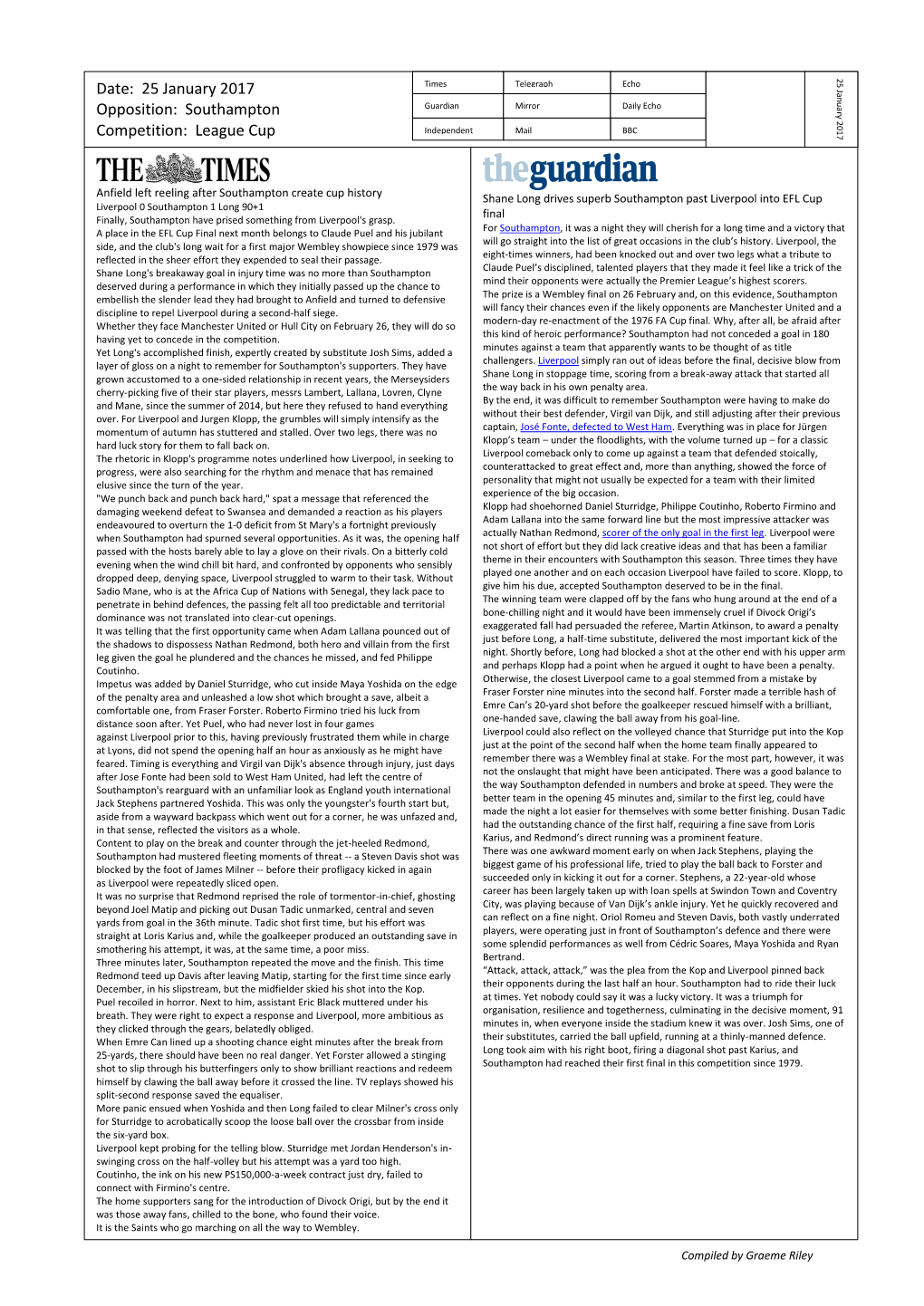 25 January 2017 Opposition: Southampton Competition
