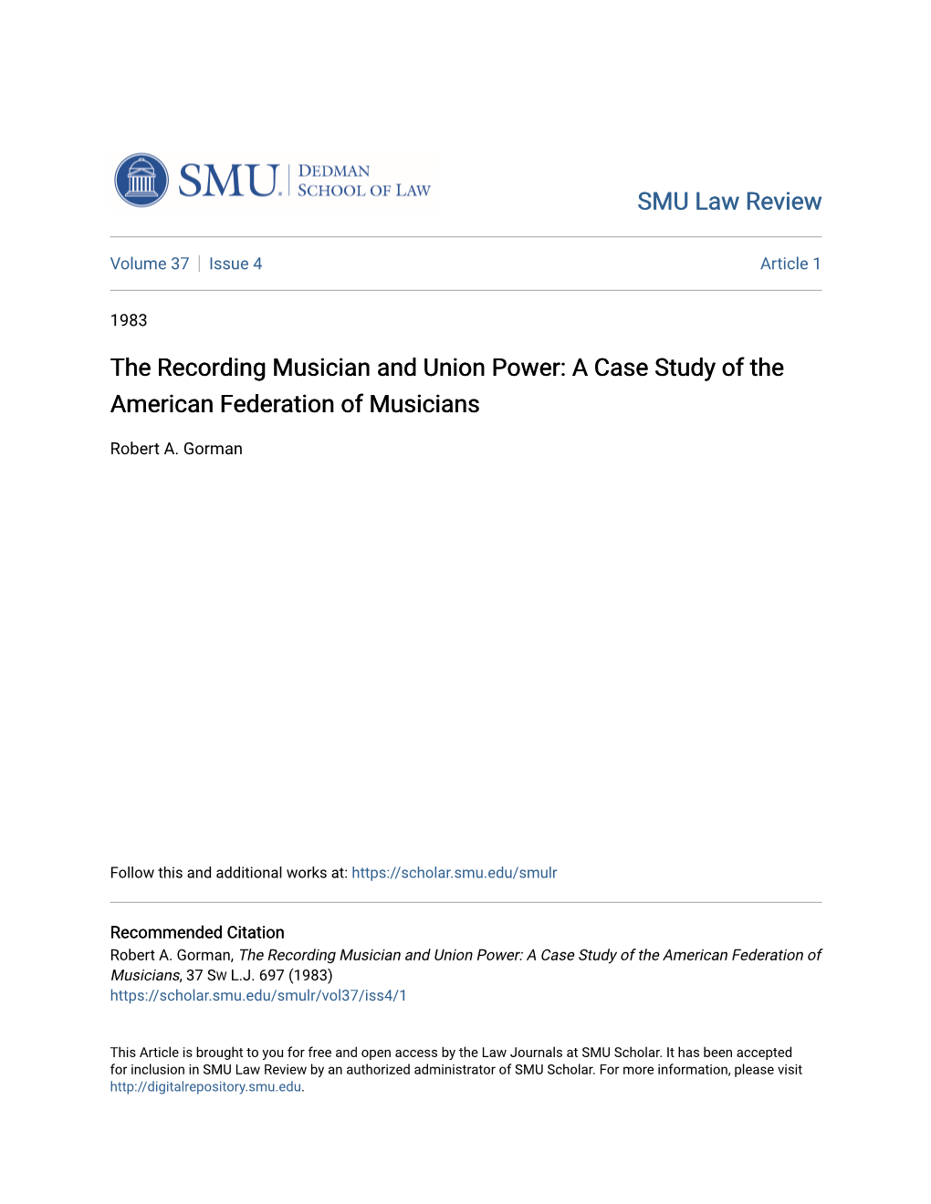 The Recording Musician and Union Power: a Case Study of the American Federation of Musicians