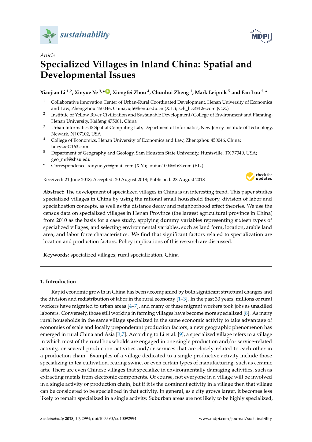 Specialized Villages in Inland China: Spatial and Developmental Issues