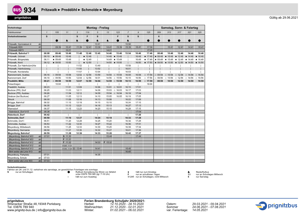 934 Pritzwalk ÷ Preddöhl ÷ Schmolde ÷ Meyenburg Prignitzbus Gültig Ab 29.06.2021