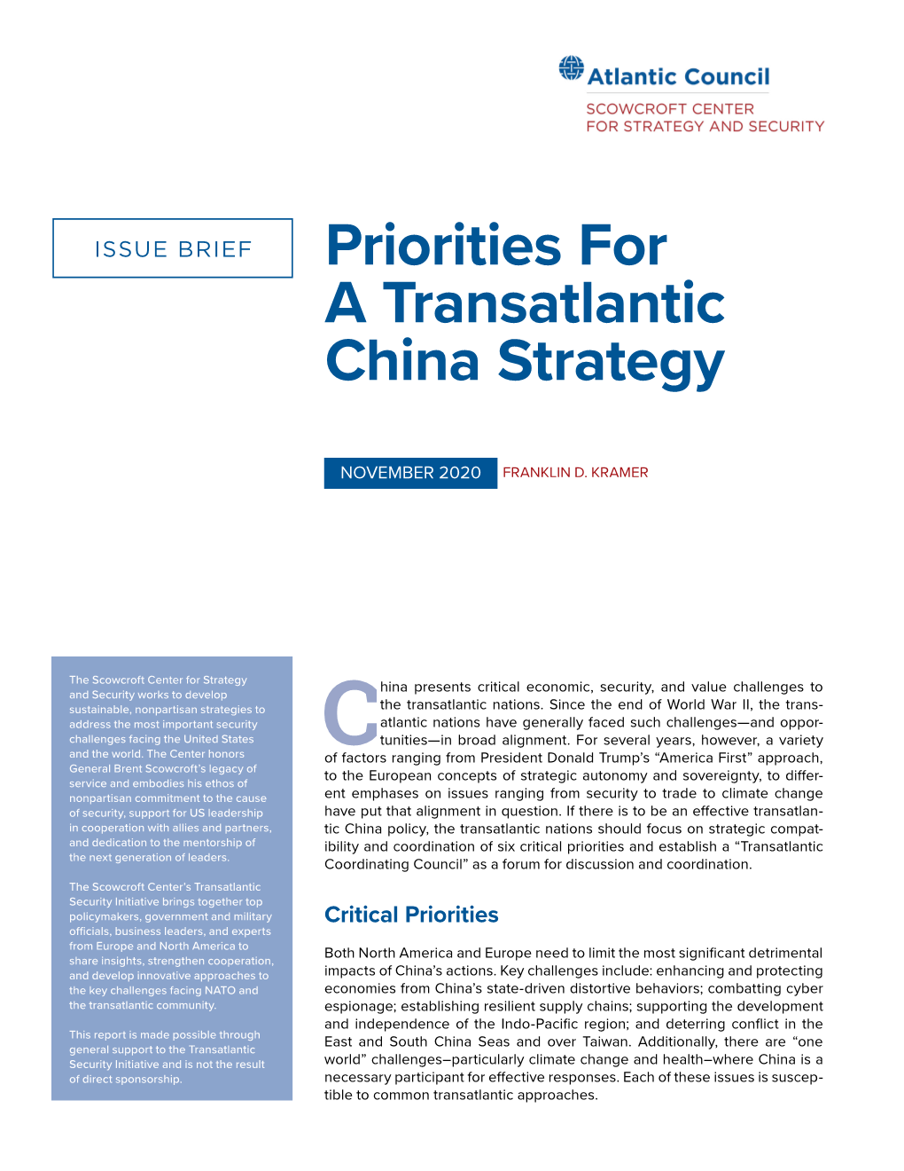 Priorities for a Transatlantic China Strategy