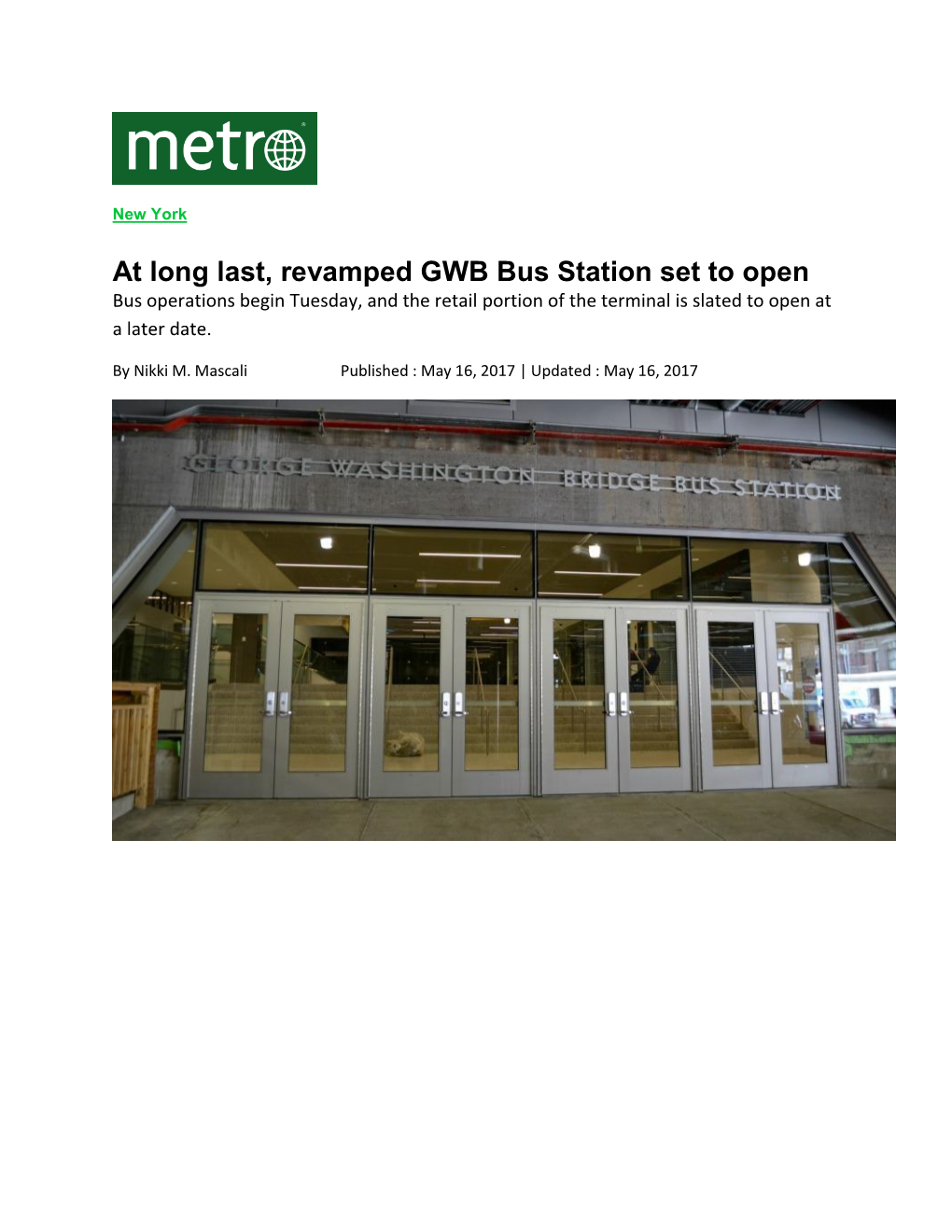 At Long Last, Revamped GWB Bus Station Set to Open (Metro)