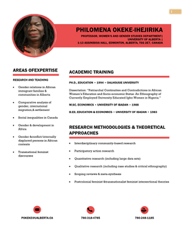 Philomena Okeke-Ihejirika Professor, Women’S and Gender Studies Department| Po University of Alberta | 1-13 Assiniboia Hall, Edmonton, Alberta, T6g 2E7, Canada