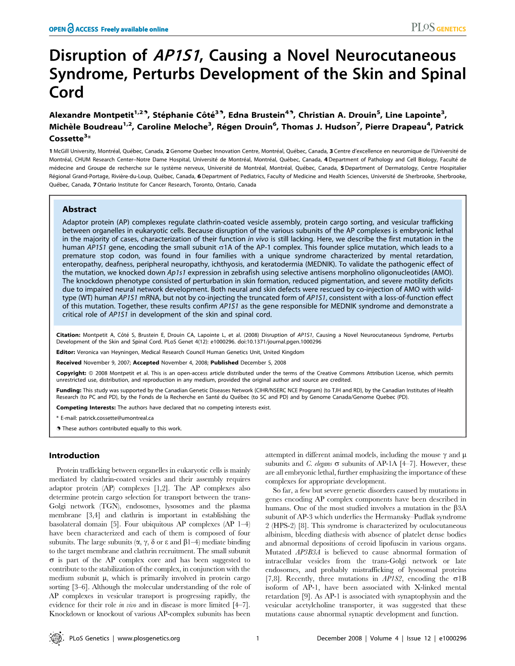 Disruption of AP1S1, Causing a Novel Neurocutaneous Syndrome, Perturbs Development of the Skin and Spinal Cord