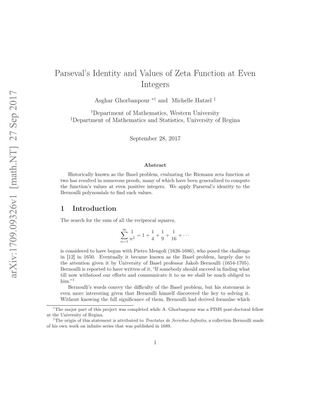 Parseval's Identity and Values of Zeta Function at Even Integers