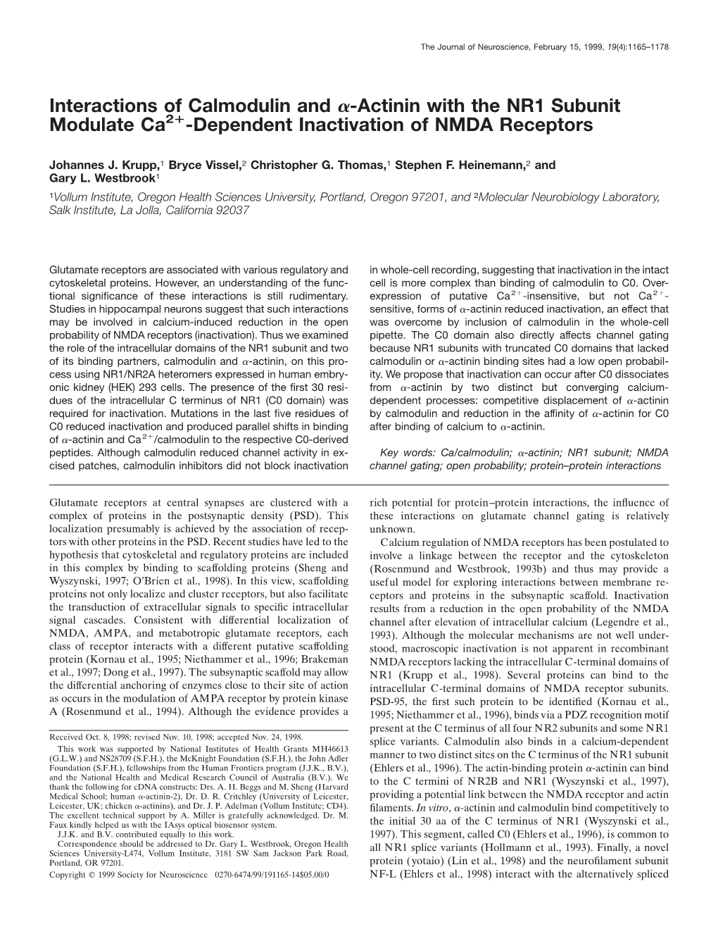 Interactions of Calmodulin and -Actinin with the NR1 Subunit Modulate Ca2 -Dependent Inactivation of NMDA Receptors