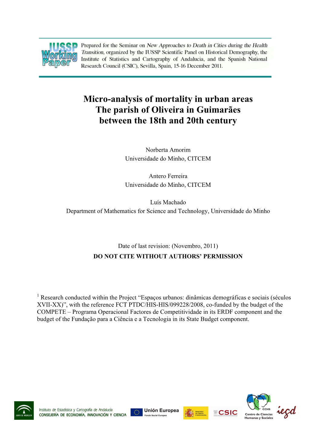 Micro-Analysis of Mortality in Urban Areas the Parish of Oliveira in Guimarães Between the 18Th and 20Th Century