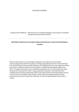 Cutting out the Middleman – Political Actors Use of Disintermediated Communication Via Facebook During the UK General Election of 2017