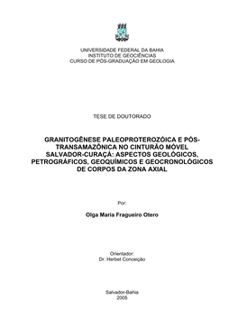 Transamazônica No Cinturão Móvel Salvador-Curaçá: Aspectos Geológicos, Petrográficos, Geoquímicos E Geocronológicos De Corpos Da Zona Axial