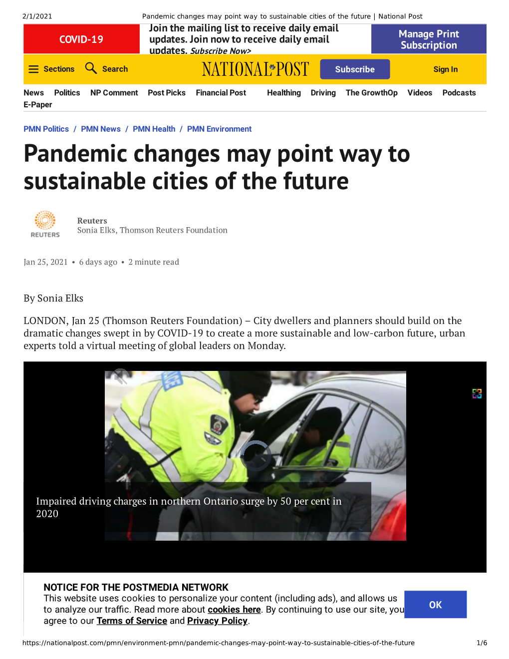 Pandemic Changes May Point Way to Sustainable Cities of the Future | National Post Join the Mailing List to Receive Daily Email Manage Print COVID-19 Updates