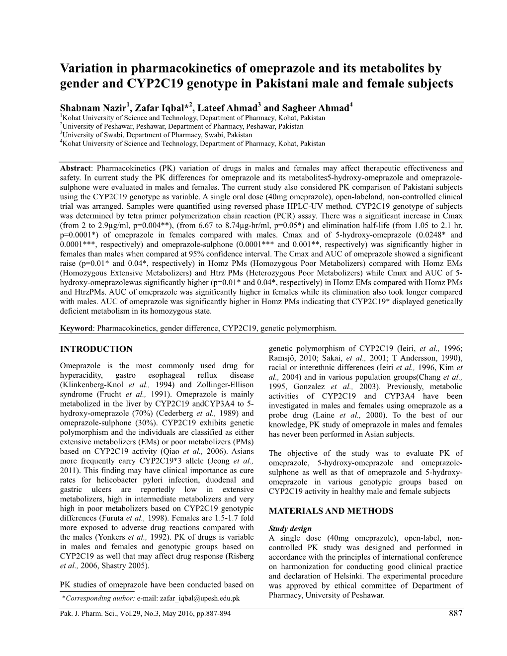 Variation in Pharmacokinetics of Omeprazole and Its Metabolites by Gender and CYP2C19 Genotype in Pakistani Male and Female Subjects