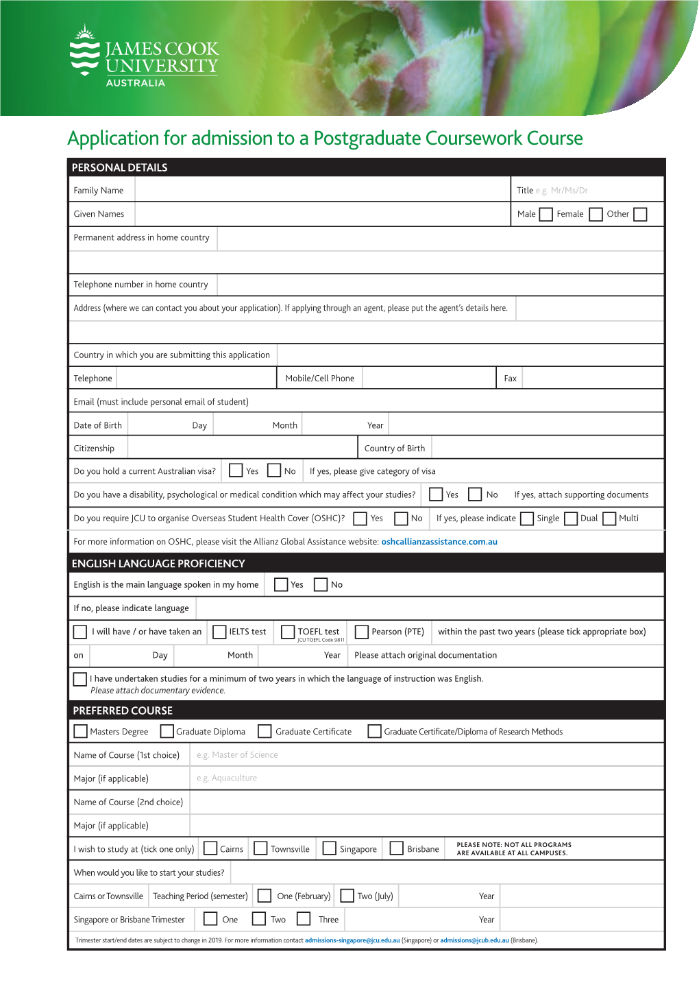 Application for Admission to a Postgraduate Coursework Course