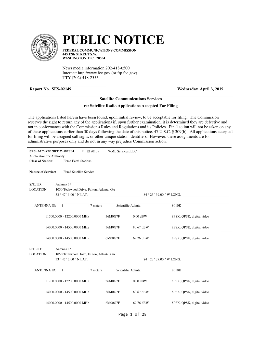 PUBLIC NOTICE FEDERAL COMMUNICATIONS COMMISSION 445 12Th STREET S.W