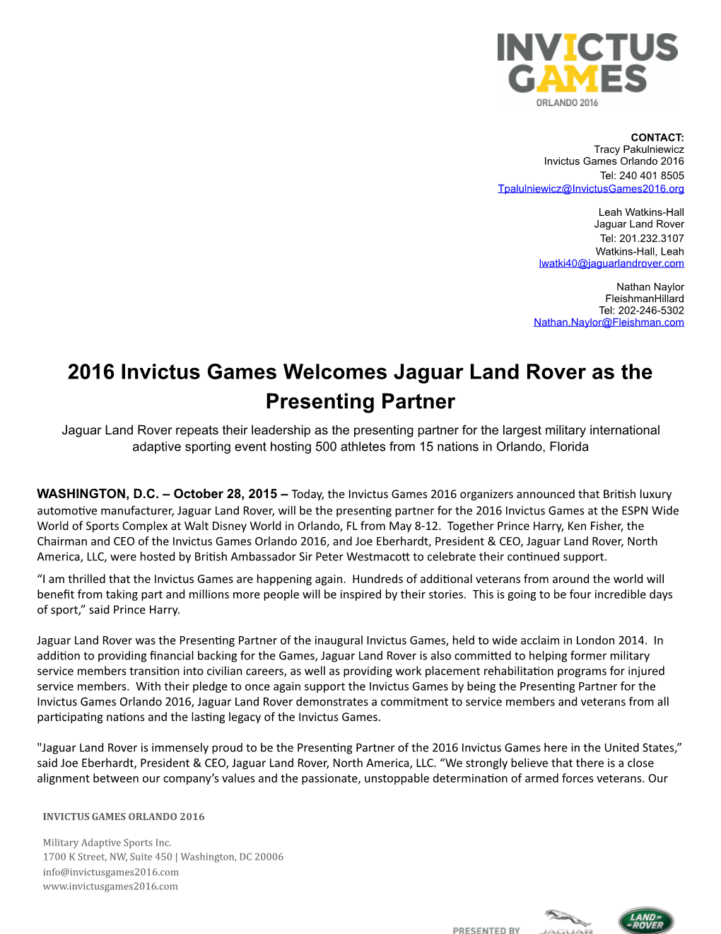 Invictusgames Presenting Partner News Release