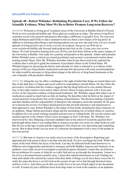 Robert Whitaker: Rethinking Psychiatric Care: If We Follow the Scientific Evidence, What Must We Do to Better Promote Long-Term Recovery?