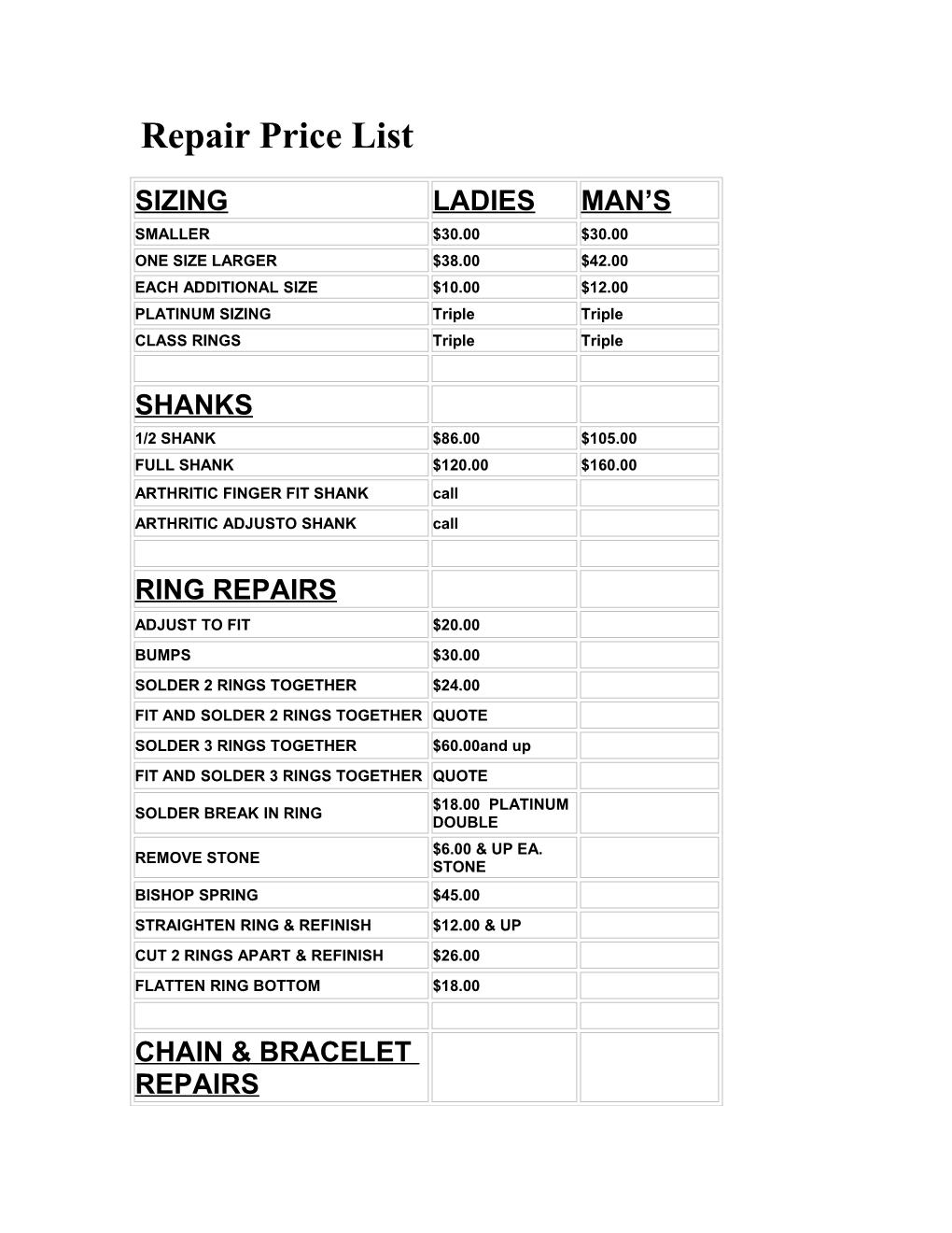 Repair Price List