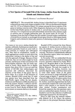 A New Species of Serranid Fish of the Genus Anthias from the Hawaiian Islands and Johnston Island1