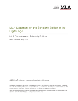 MLA Statement on the Scholarly Edition in the Digital Age