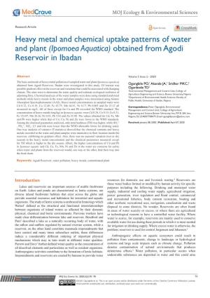 Heavy Metal and Chemical Uptake Patterns of Water and Plant (Ipomoea Aquatica) Obtained from Agodi Reservoir in Ibadan
