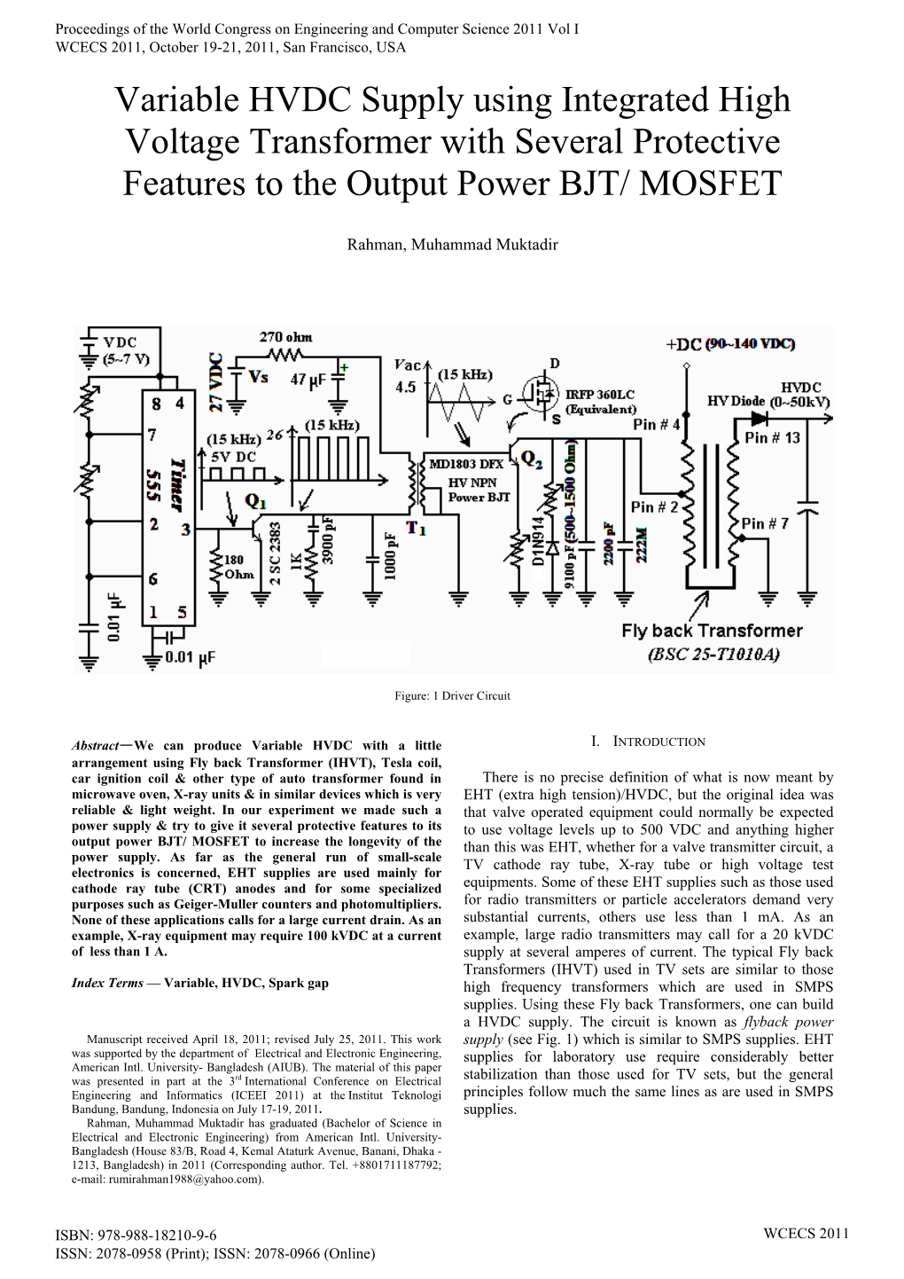 Variable HVDC Supply Using Integrated High Voltage Transformer with Several Protective Features to the Output Power BJT/ MOSFET