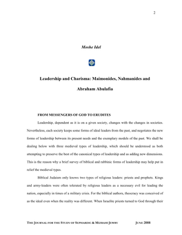 Leadership and Charisma: Maimonides, Nahmanides And