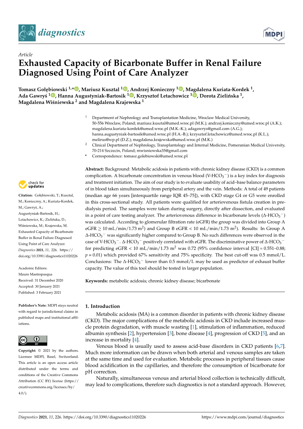 Exhausted Capacity of Bicarbonate Buffer in Renal Failure Diagnosed Using Point of Care Analyzer