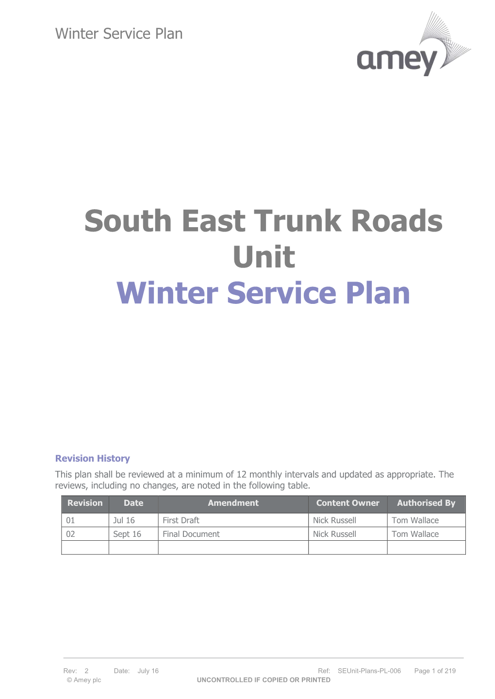 South East Trunk Roads Unit Winter Service Plan