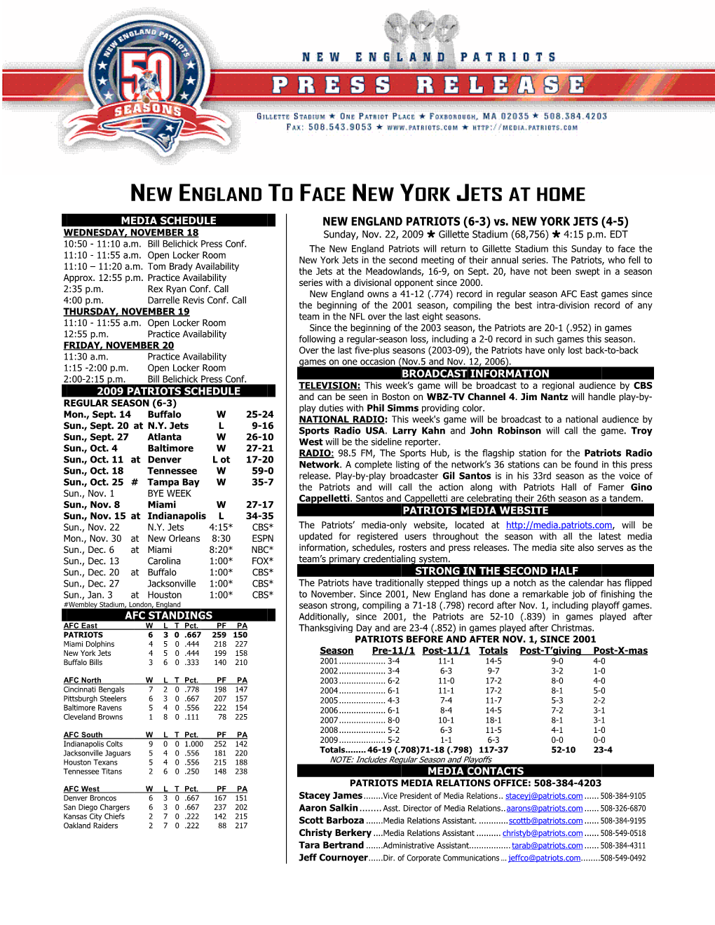 New En Ngland to Fac Ce New Y York J Jets at Home