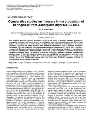 Comparative Studies on Inducers in the Production of Naringinase from Aspergillus Niger MTCC 1344