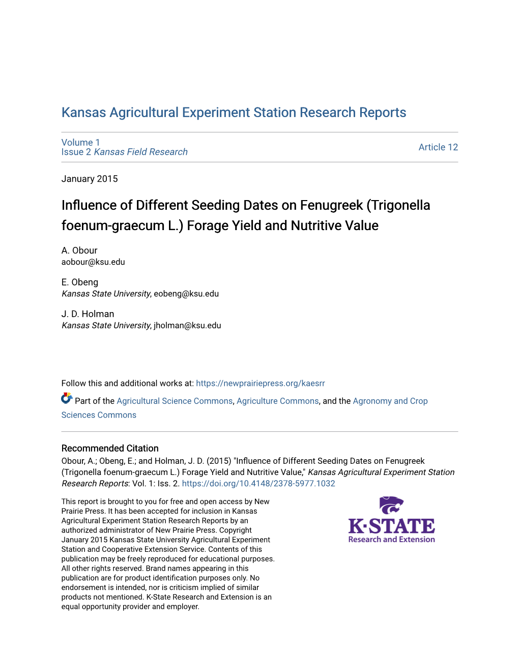 Kansas Agricultural Experiment Station Research Report S