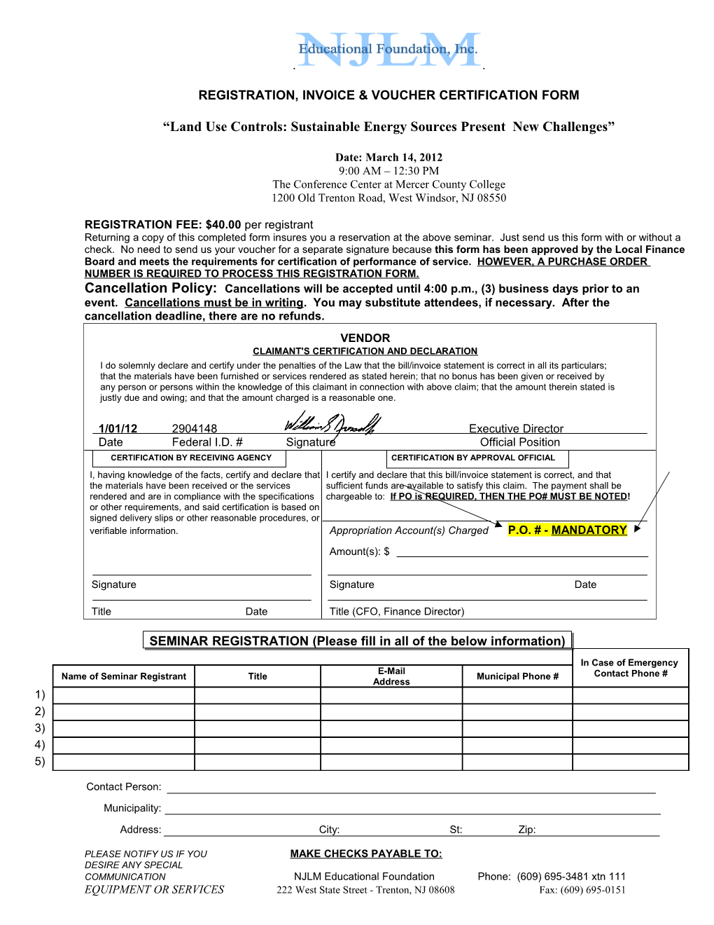 Registration, Invoice & Voucher Certification Form