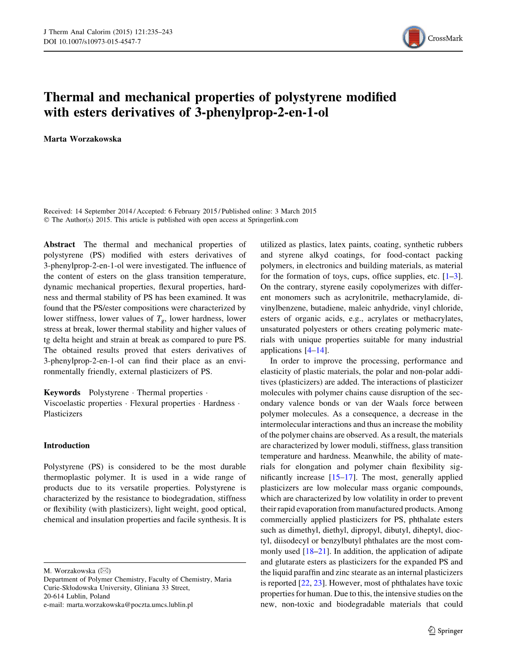 Thermal and Mechanical Properties of Polystyrene Modified with Esters