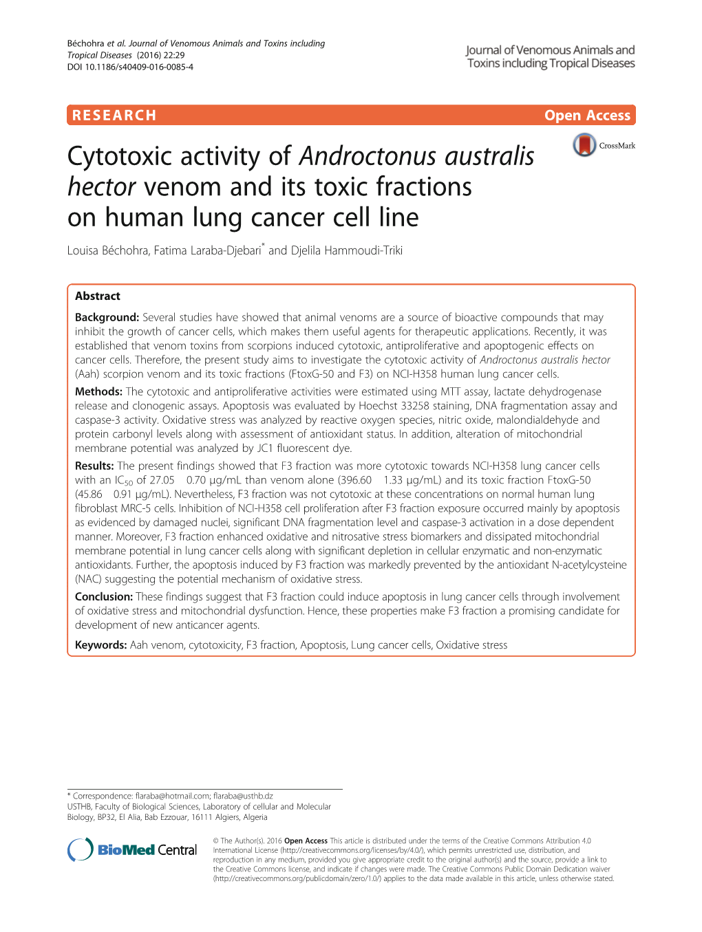 Cytotoxic Activity of Androctonus Australis Hector Venom and Its Toxic