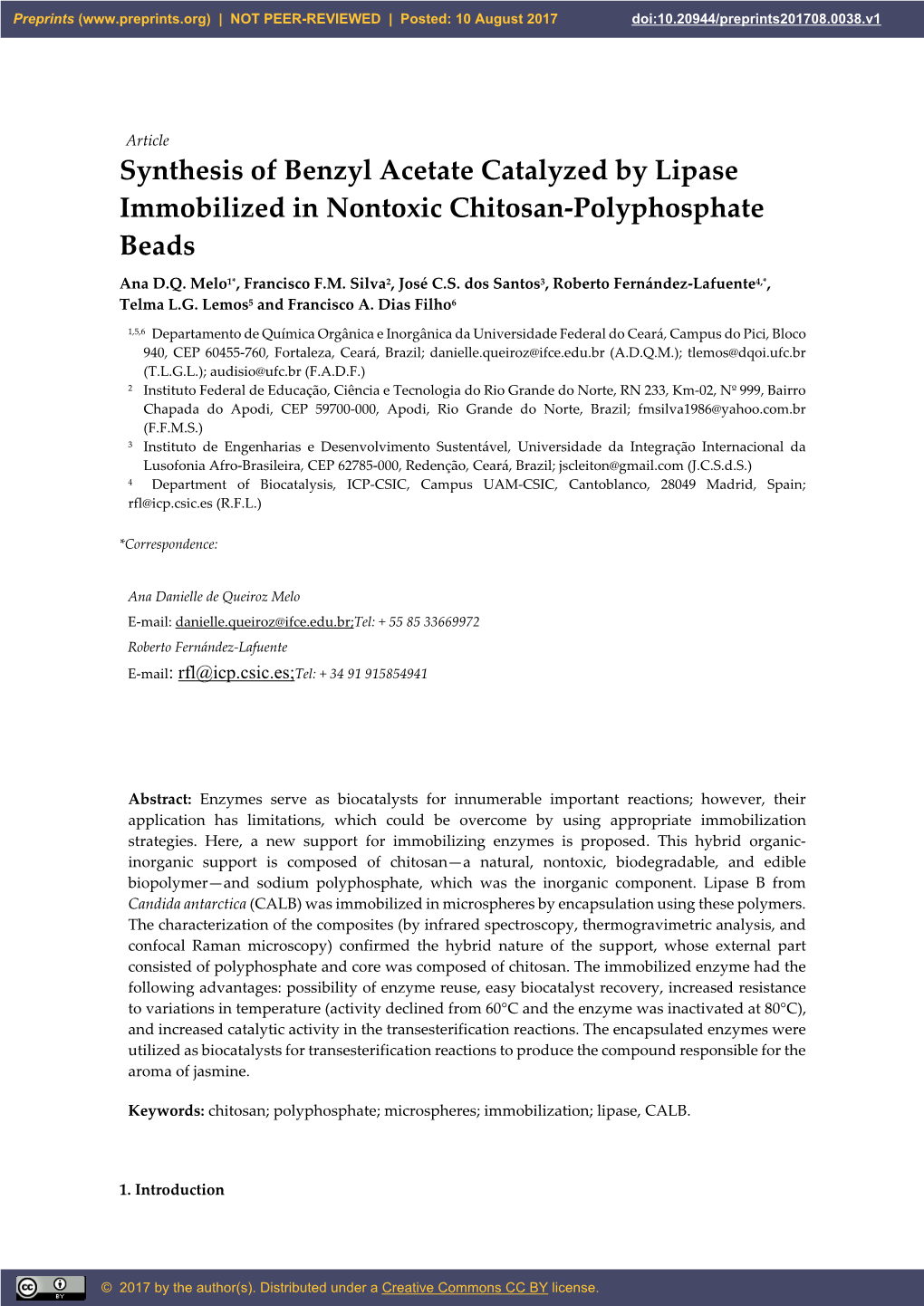 Synthesis of Benzyl Acetate Catalyzed by Lipase Immobilized in Nontoxic Chitosan-Polyphosphate Beads