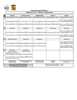 Rolex Shanghai Masters ORDER of PLAY - Tuesday, 9 October 2018
